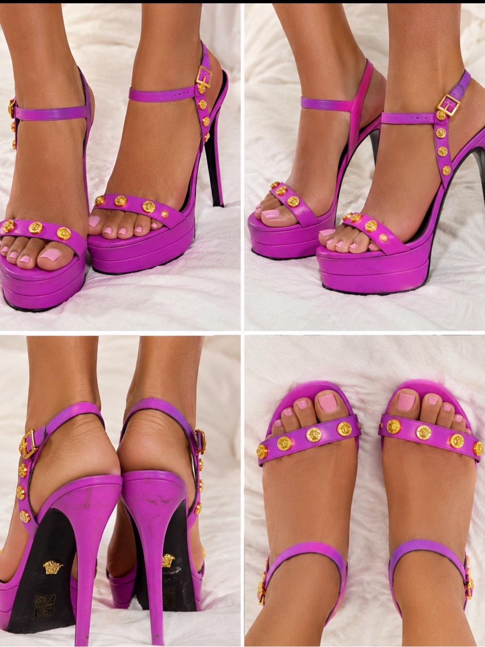 Pink Platform Ankle-Strap Stiletto Sandals with Gold Studs